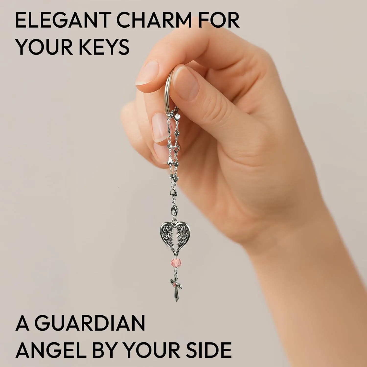 guardian heartshaped steel color Inlaid diamond heart chain pendant angel wings luxury keychain wallet Z260130