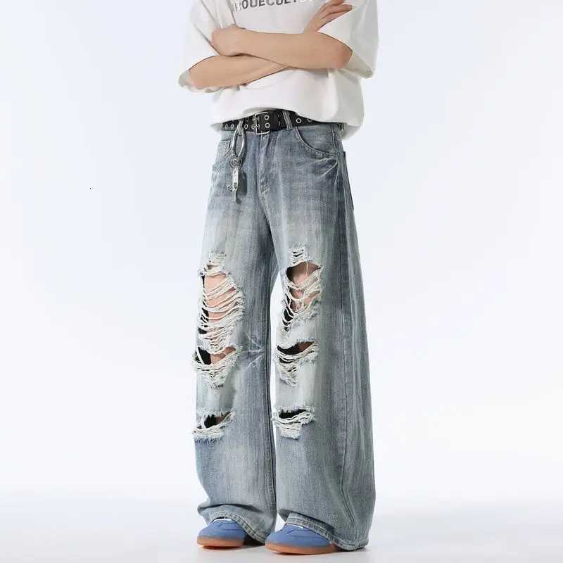 Mens Straight Leg Ripped Distressed Torn Holey Jeans American Style Loose High Waisted Autumn Men Wide Leg Vintage Baggy JeansZ250917