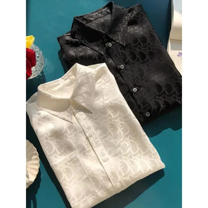 Classic Jacquard Long Sleeve Shirt For Women Lightweight Silk Slipon Style Subtle Letter Printed Top Spring Summer 250917