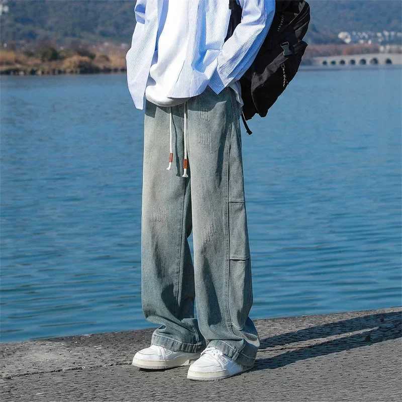 Autumn Distressed Drawstring Straight Jeans For Men High Street Baggy Patchwork Denim Pants 2024 New Hip Hop Fashion Y2K JeanZ250917