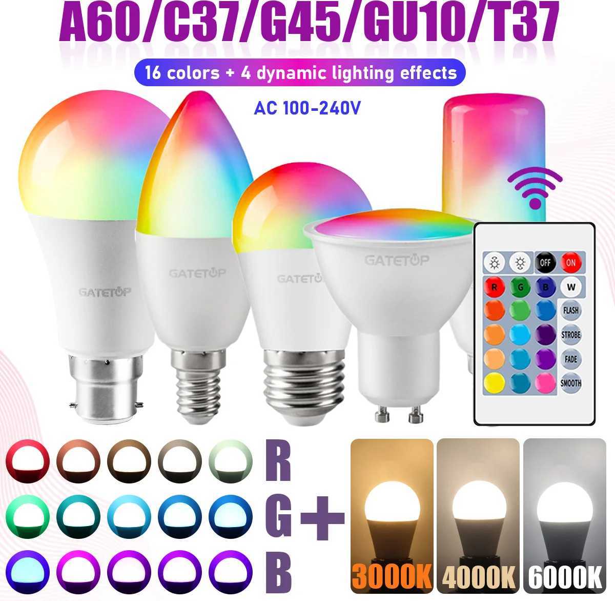 2pcs RGB Bulb E27 B22 E14 GU10 LED Multicolor light 16 Colors 220V 110V Smart lighting Dimmable 24 Key Remote Control Lamp C250917