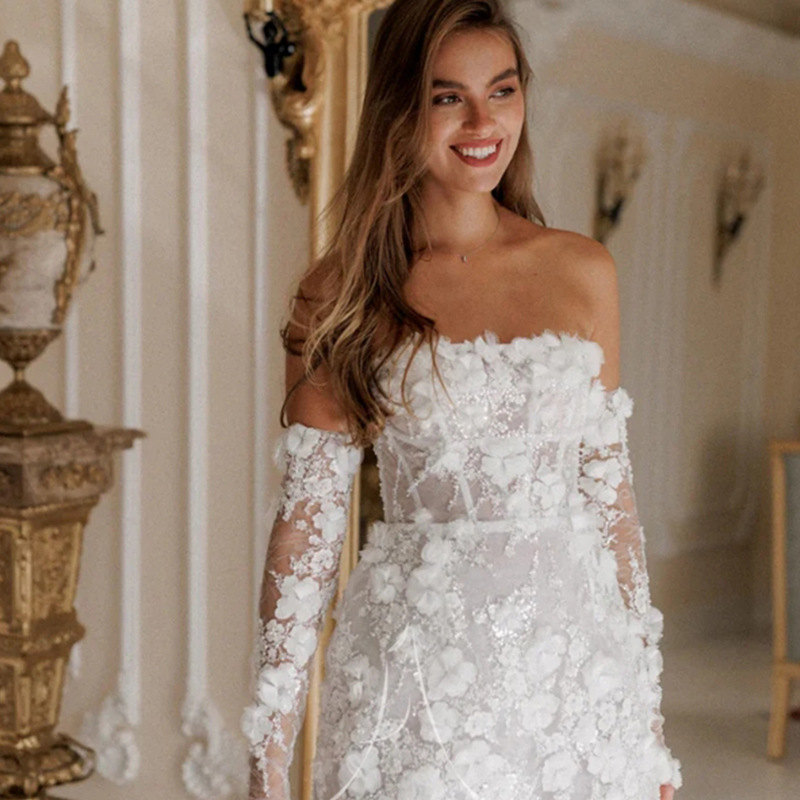 Luxury Beaded Short Wedding Dresses Saudi Arabia Lace Floral Appliques Long Sleeves Bridal Gown Mini Party Dress Robe De Mariee Customized