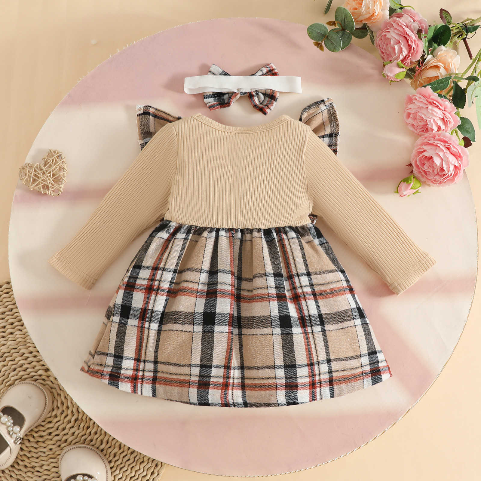 Baby Girl Ribbed Woven Fabric Patchwork Long Sleeve Dress Autumn Winter Classic Plaid Bow Dress C250917