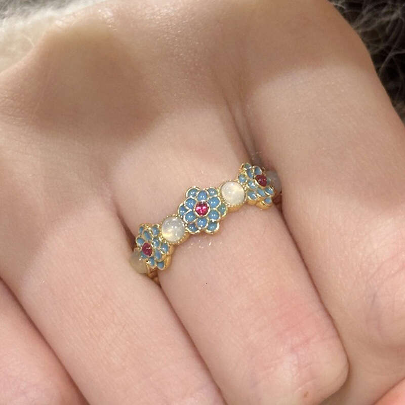 Enamel Chalcedony Blue and White Porcelain 2025 Ancient Method New Chinese Classical Small Flower Ring