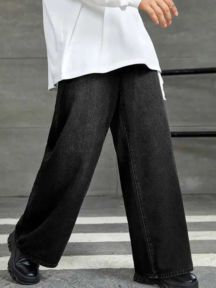 MenS Loose Fit Black Denim Wide Leg Jeans with Raw Wash Detail Comfortable Versatile AllSeason Wear Casual Denim Jeans flZ250917