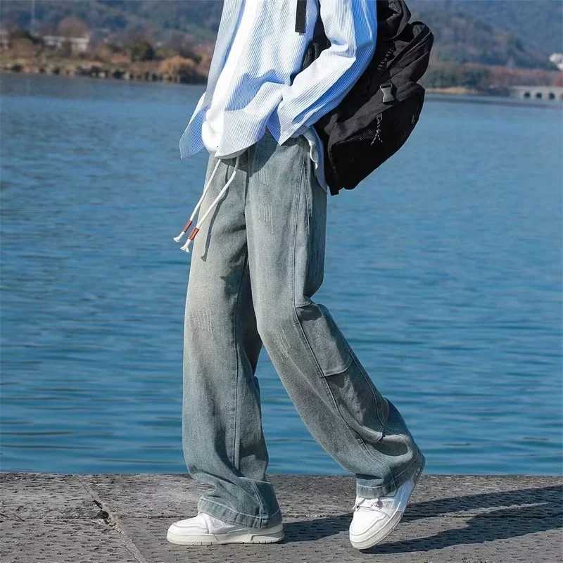 Autumn Distressed Drawstring Straight Jeans For Men High Street Baggy Patchwork Denim Pants 2024 New Hip Hop Fashion Y2K JeanZ250917