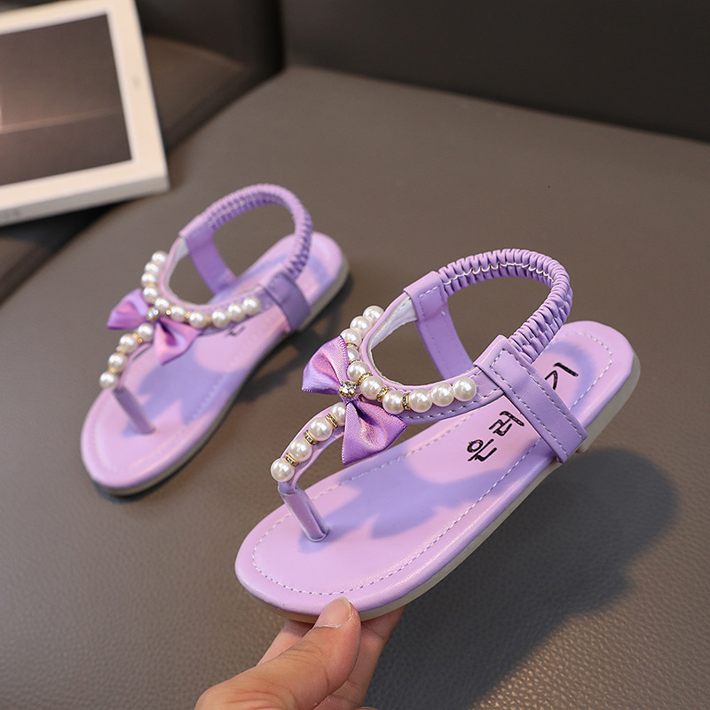 Summer Casual Children Pearl Sandals Kids Girls Beaded Bow Princess Flats Student Nonslip Baby Flipflops Beach Shoes 220607