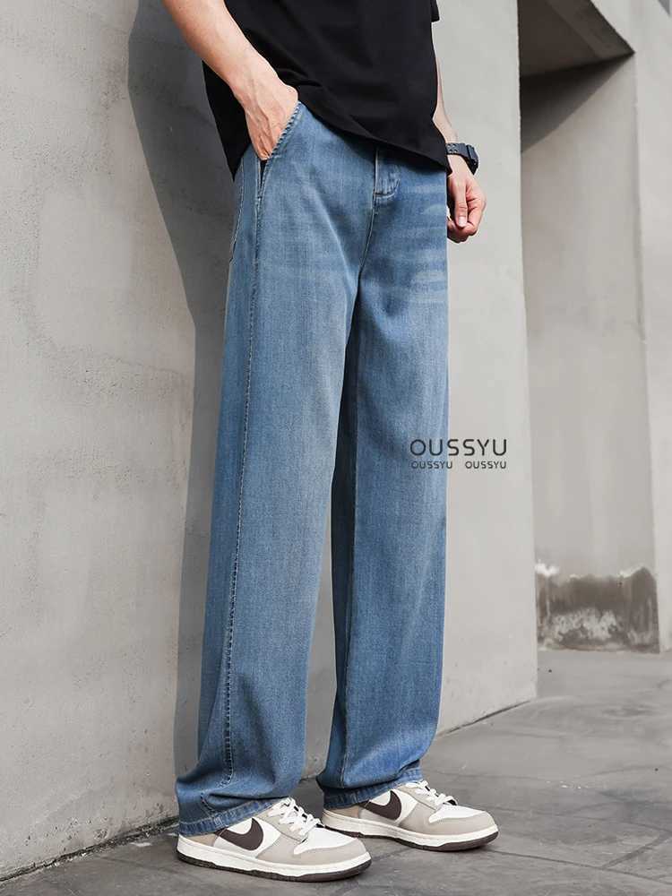 High Quality Lyocell Fabric Jeans Men Summer Thin Loose Wide Leg Pants Work Outdoor Wear Slacks Jogger Street Clothing TrousersZ250917