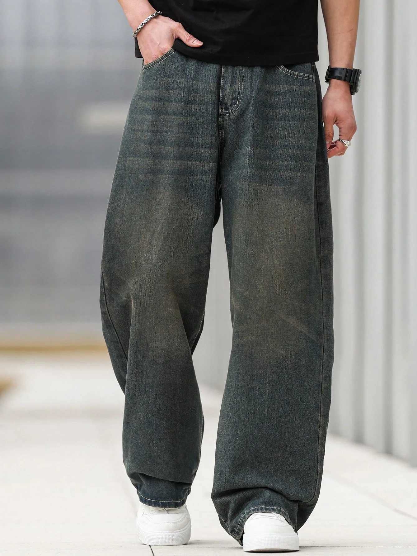 1Pc Mens Wide Pants Brushed Jeans Wide Jeans Y2K New Rocks Jeans Buggy Black HipHop PantsZ250917