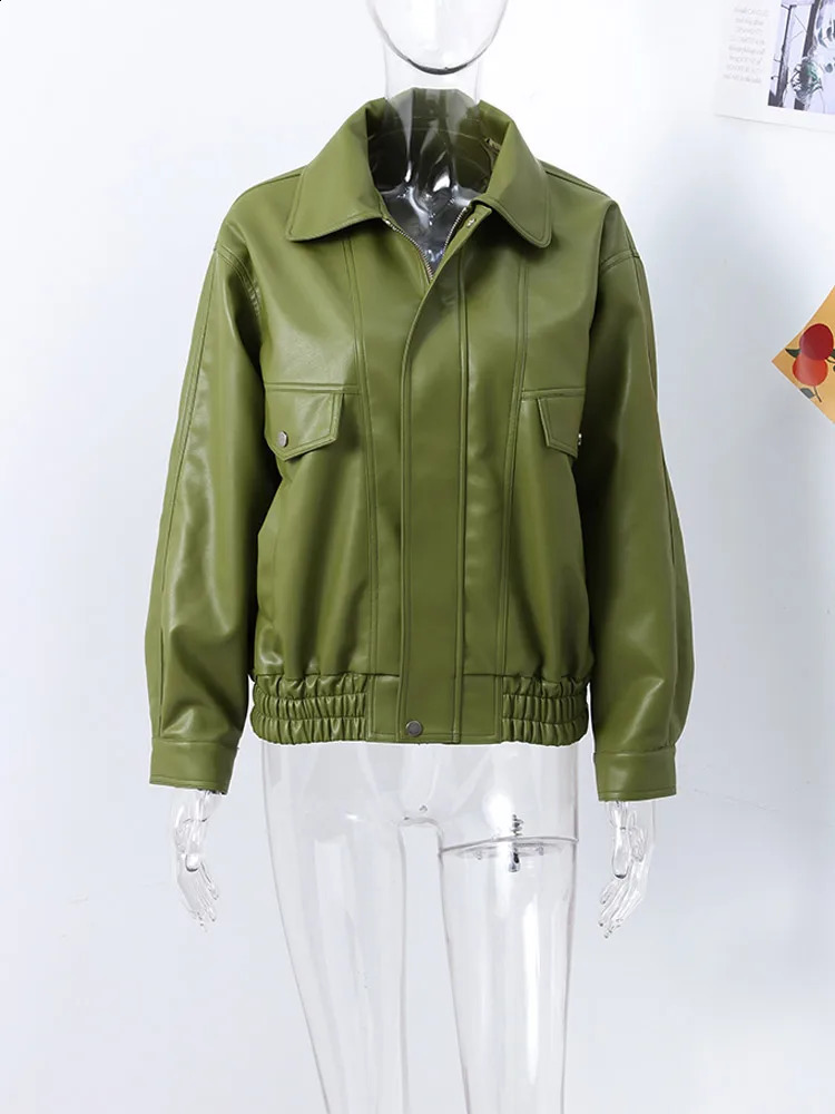 Vintage Womens Green Leather Jacket Zipper Long Sleeve Lapel Pockets Loose Lady Coat 2025 Autumn Retro Moto Biker Outwear 250916