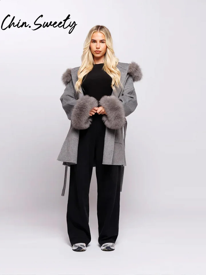 Grey Faux Fur Woolen Patchwork Women Jacket Loose Hoody Belt Pocket Female Coat Autumn Winter Fashion Lady Streetwear 250917