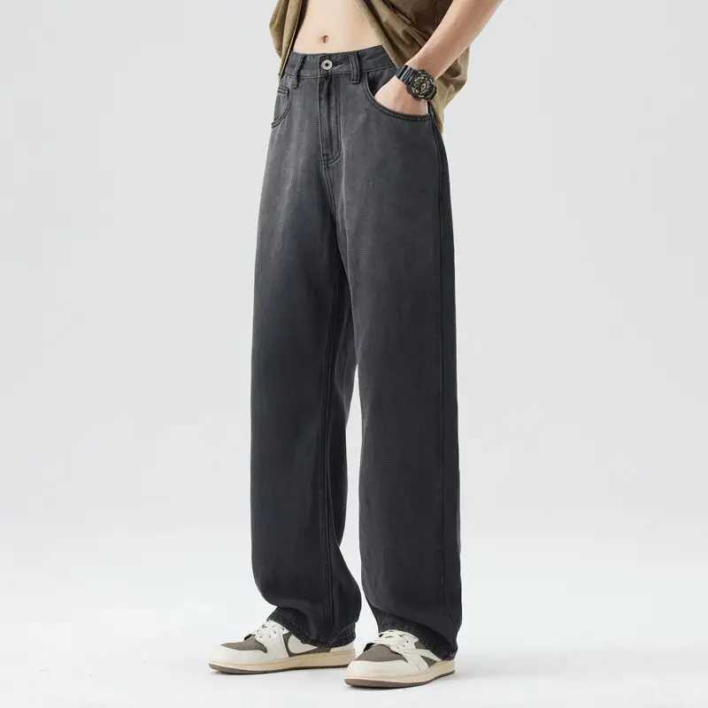 Mens High Street Casual Straight Lyocell Fabric Korean Fashion Denim Pants Baggy Simple Male Wide Trousers Mens summer pantsZ250917