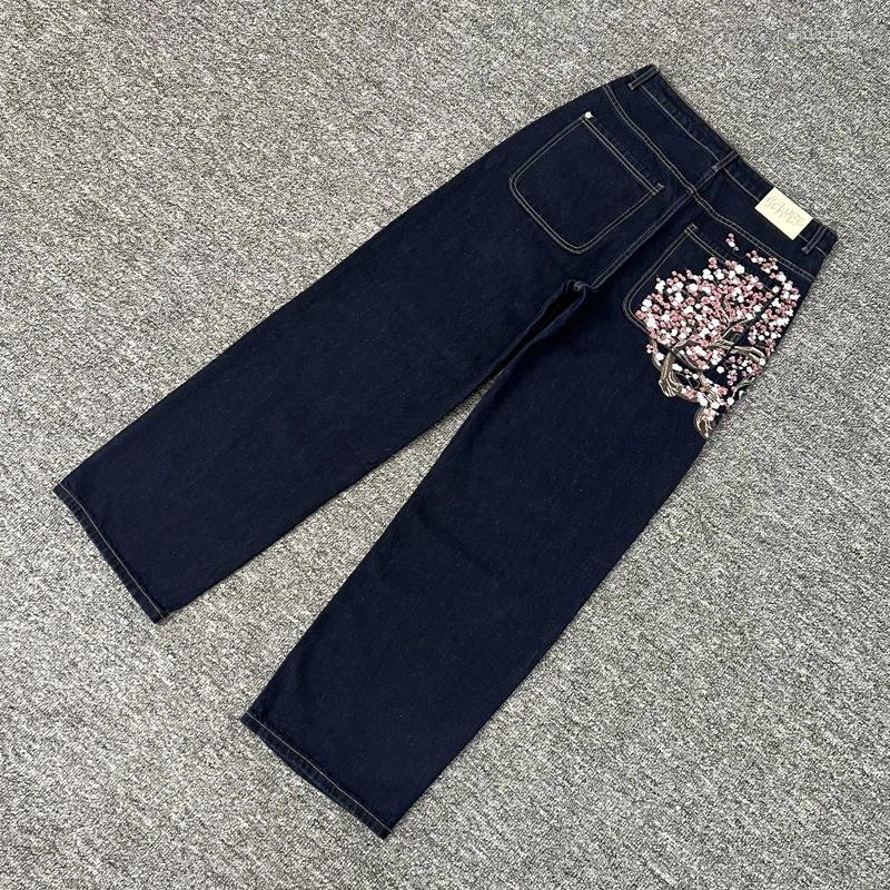 Men's Desinger Jeans Men Women Cherry Blossom Embroidery Derschutze Y2k Retro Baggy Street Straight High Waisted Washed Blue Denim Pants