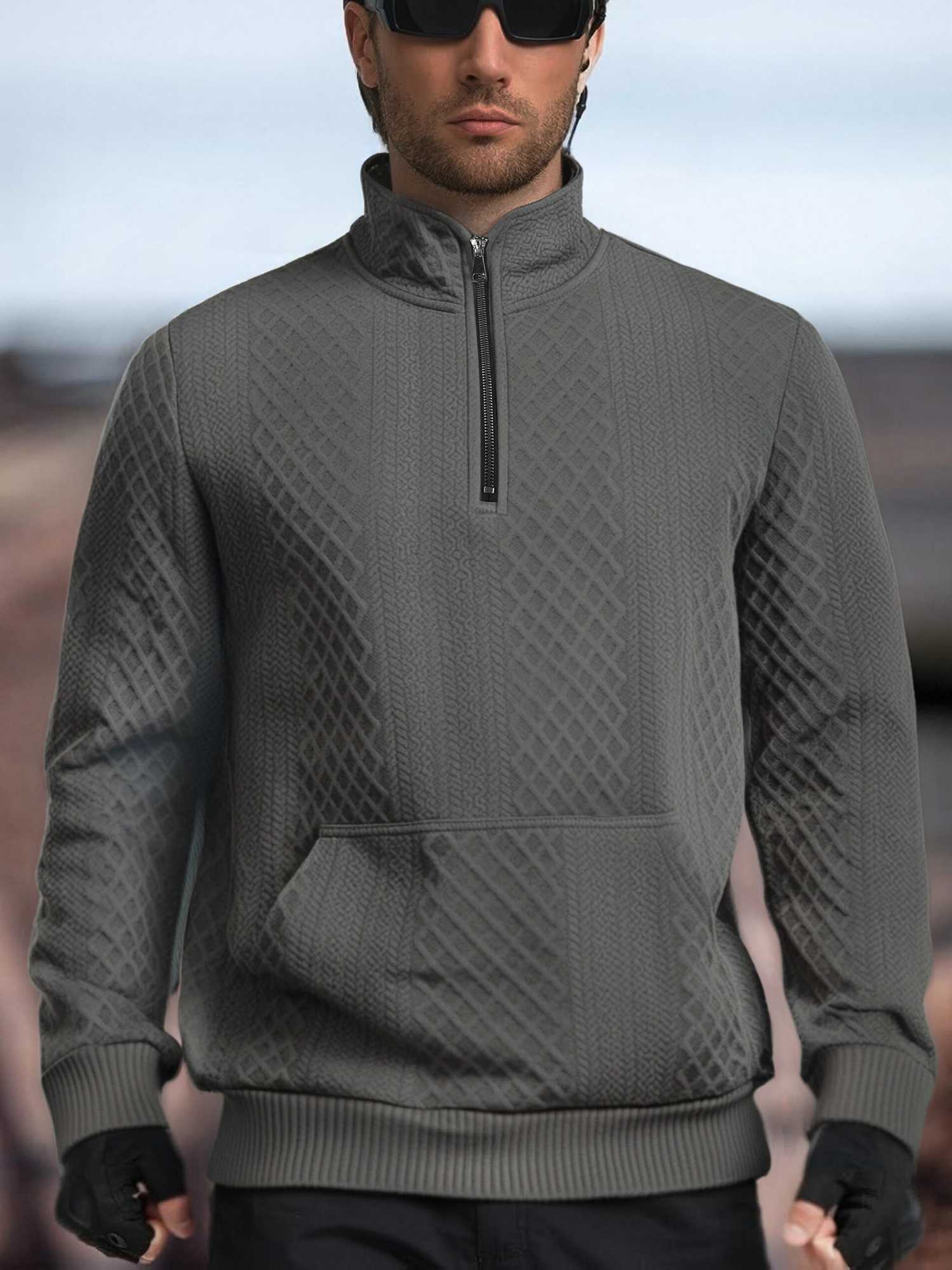 Mens Outdoor Tactical Hunting Sweatshirt Autumn Winter SemiZipped StandUp Collar Textured with Kangaroo Pocket Knitted SweateZ250918