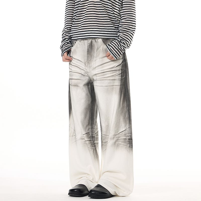 Men's Jeans Retro Niche Jeans - Natural Mud Dyed, Faded Distressed with Creases, Straight Wide - Leg Splatter Painted Dirty Pants