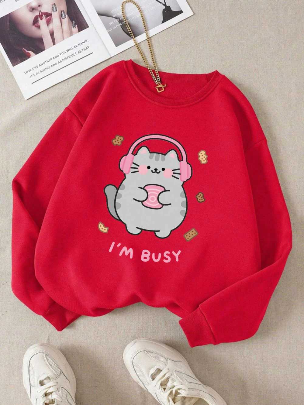IM Busy Cute Cat Prints Hoodies Womens Comfortable Sweatshirts 2025 Autumn and Winter Hoodie Warm Casual Women ClothesZ250918