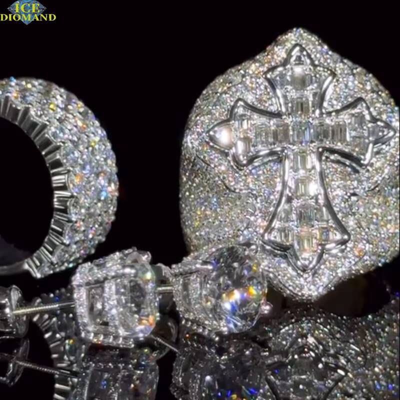 Hip Hop Moissanite Ring Mens Full Ice Ring Rectangular Cross 925 Sterling Silver Custom VVS Moissanite Ring