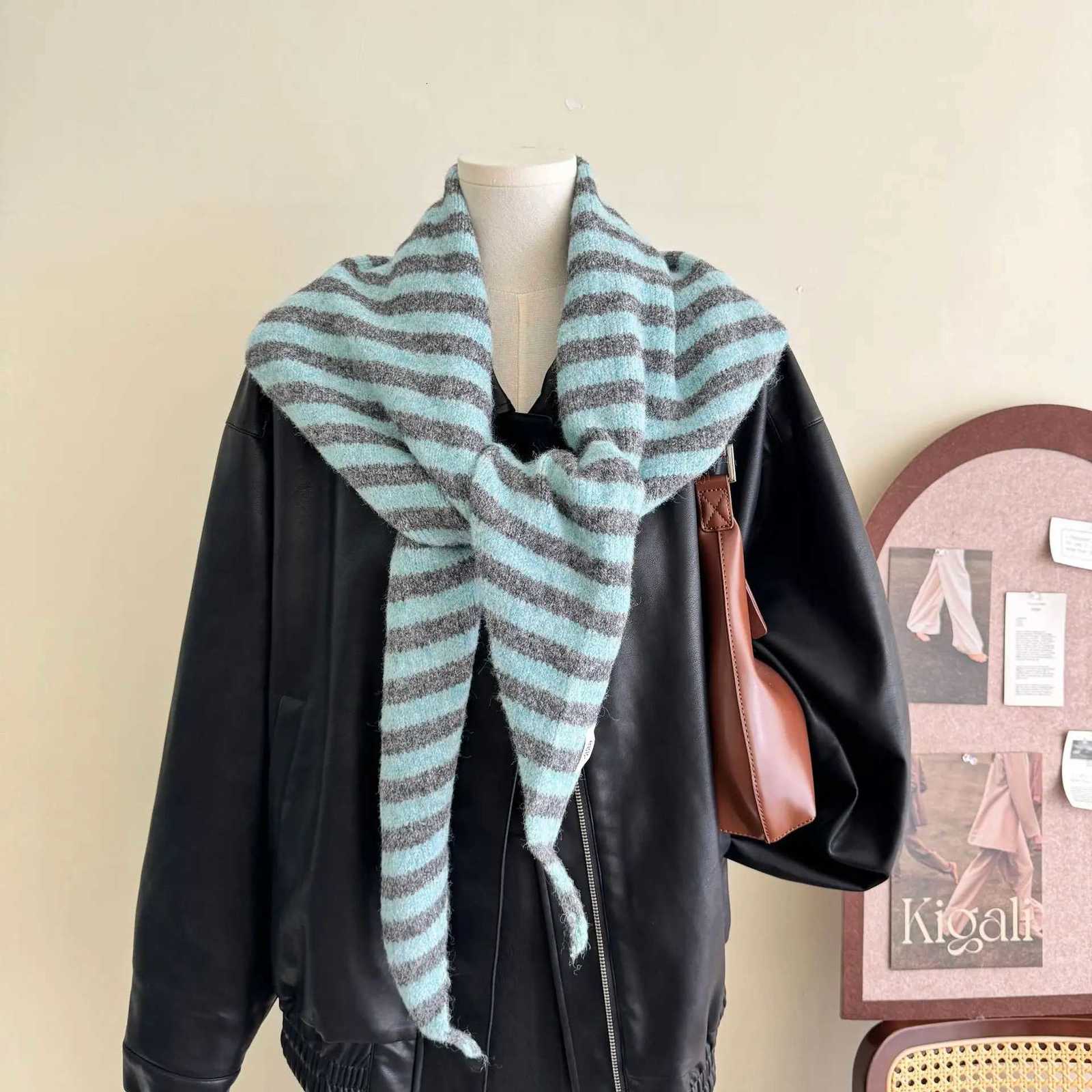 Wen Wool Blend Knit Scarf Winter Warm Striped Triangle Neck Warmer Soft Lightweight for Coats Jackets Casual Outfits Y250918
