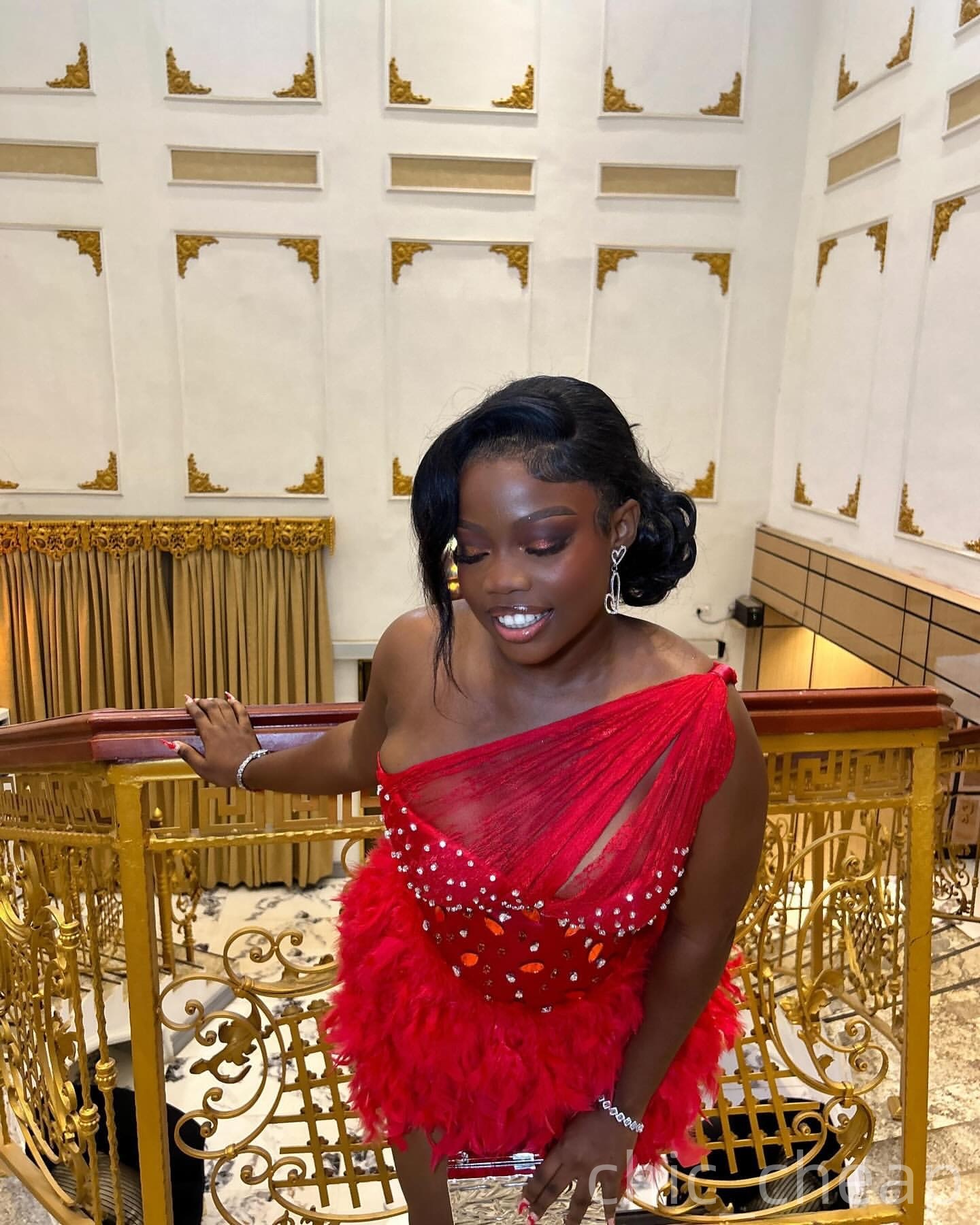 Chic Red Sheath Cocktail Dress One Shoulder Beaded Cystals Feather Short Mini Graduation Homecoming Dresses For Special Occasions Sweetheart Gowns