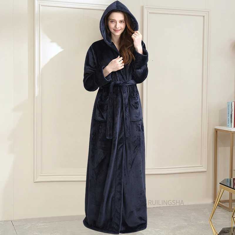 Women Winter Plus Size Super Long Warm Flannel Bathrobe Hooded Thick Coral Fleece Bath Robe Dressing Gown Men Sleepwear Robes G250918