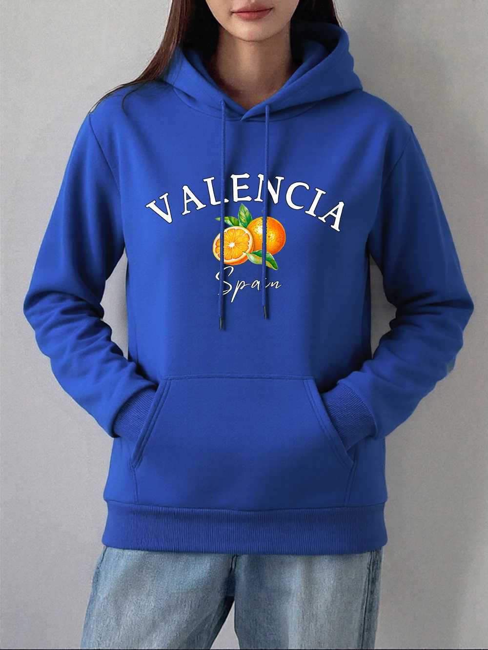 Valencia Spain Orange Printed Hoodie Women Winter Fleece Warm Pullovers Basics Pocket Sweatshirts Casual Loose Womans ClothesZ250918