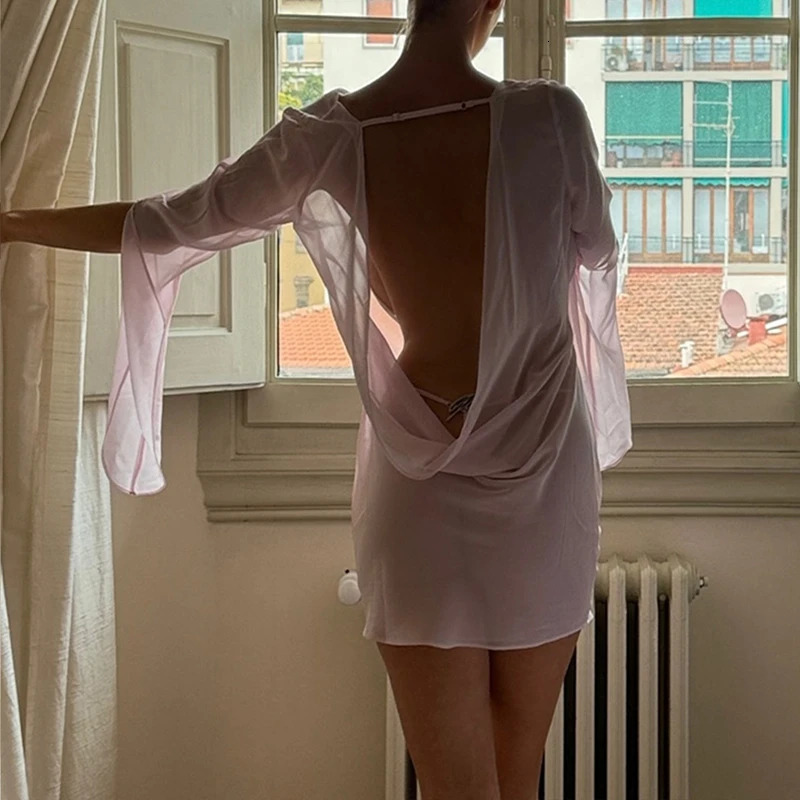 Women doll Lingerie Nightgown Sleepwear Sexy Sheer Mesh Cowl Neck Backless Mini Dress Exotic Nightwear See Through Dress 250917