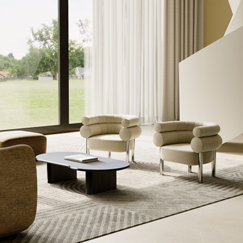 Living Room Furniture Modern Curved Sugar - inspired Lounge Chair with Brown Fabric Upholstery and Metal Legs