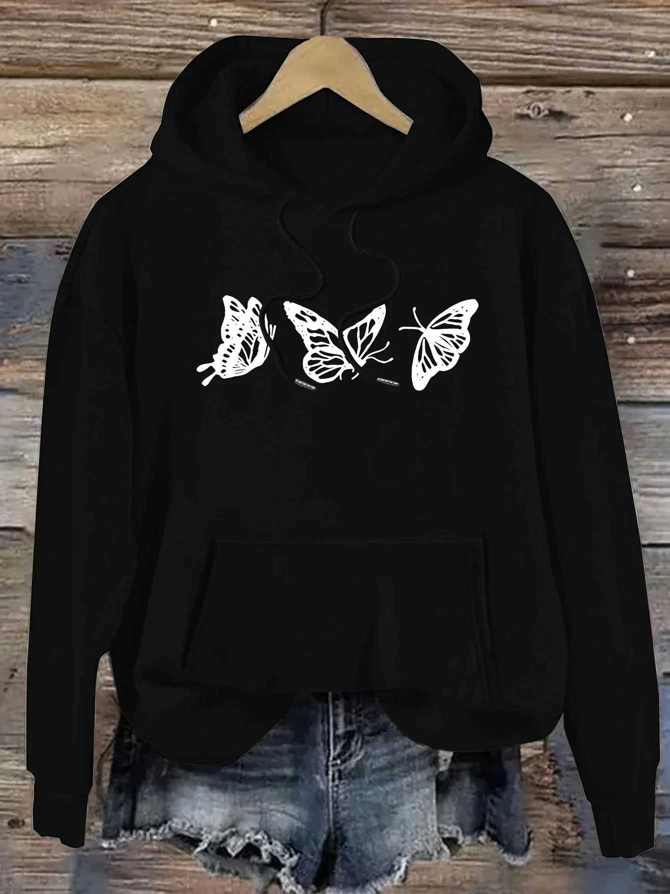 Butterfly Print Hooded 2025 Autumn Winter Sweatshirt Women Casual Style Pullover Soft Fabric Long Sleeves ClothingZ250918