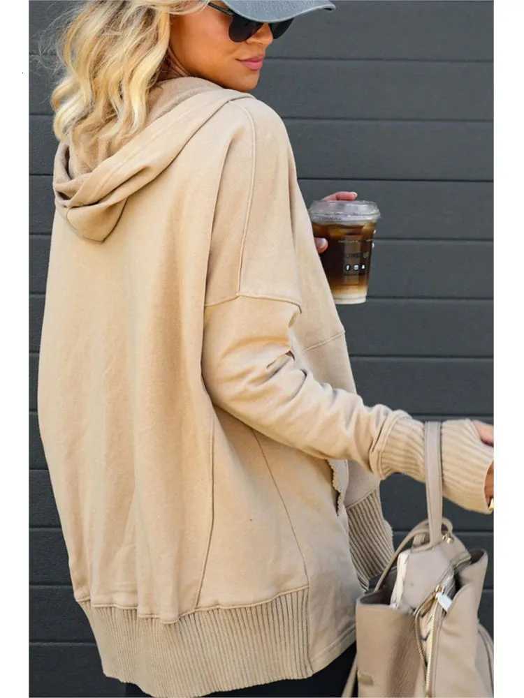 Casual Loose White Women Sweatshirt Autumn Winter Vneck Hooded Batwing Sleeve Hoodie Threaded Splicing Top For Women PulloversZ250918