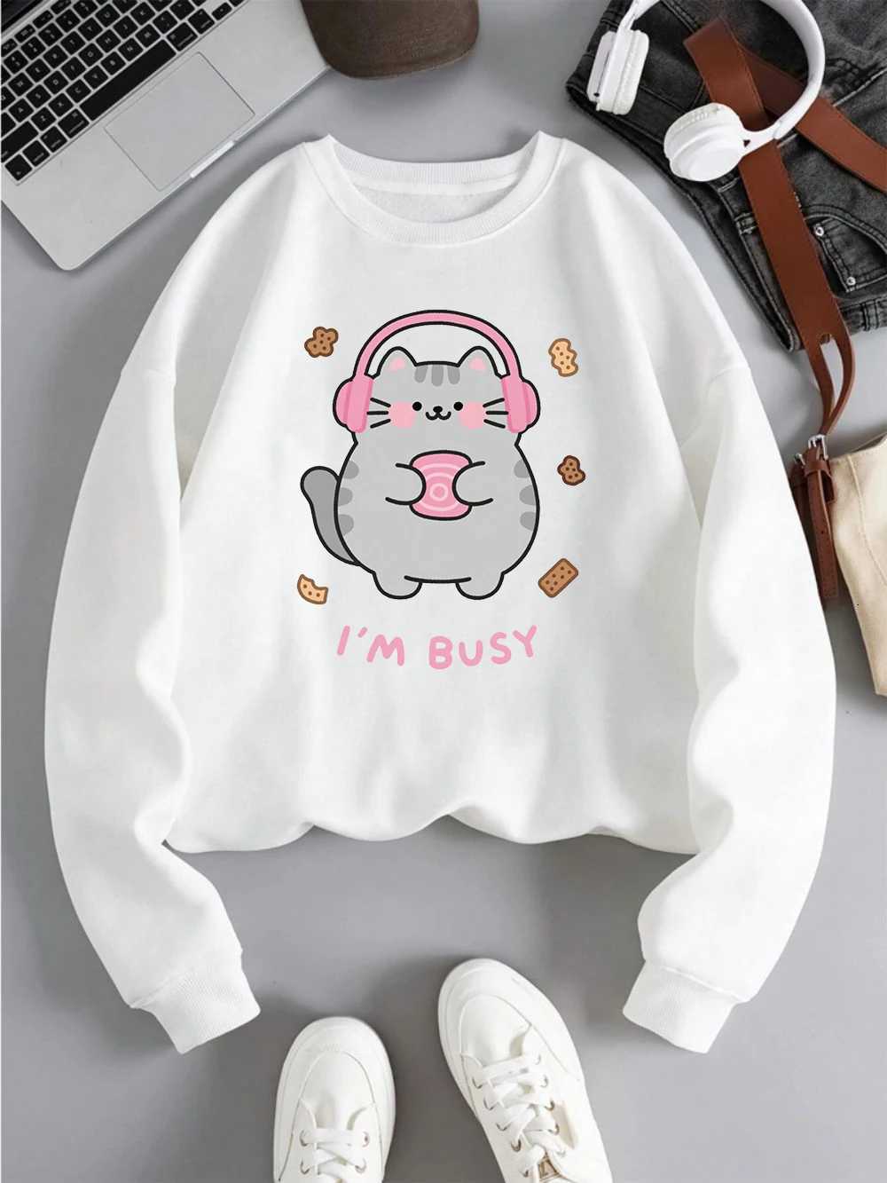 IM Busy Cute Cat Prints Hoodies Womens Comfortable Sweatshirts 2025 Autumn and Winter Hoodie Warm Casual Women ClothesZ250918