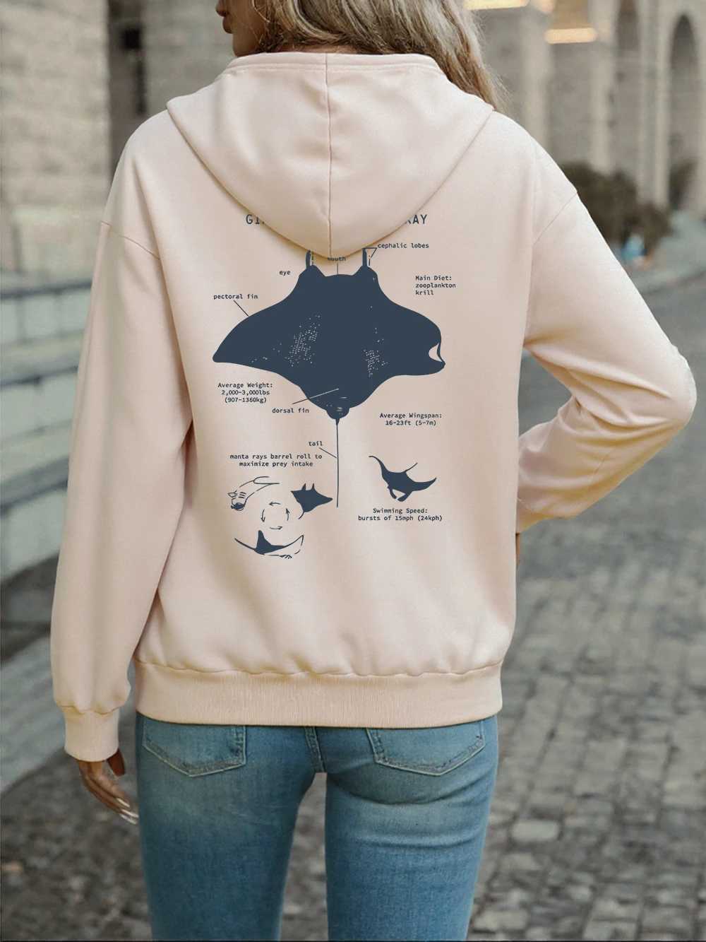 Oceanic Manta Ray Printing Hoodies Women Basics Pocket Sweatshirt Winter Fleece Warm Pullover Comfortable Loose Womans ClothesZ250918