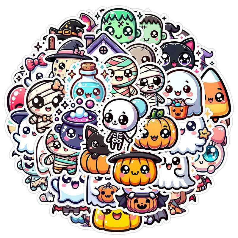 50PCS Halloween Stickers Cute Cartoon Cat Pumpkin Halloween Themed Stickers Fun Holiday Decals Pack Vinyl Waterproof Scrapbook C250918