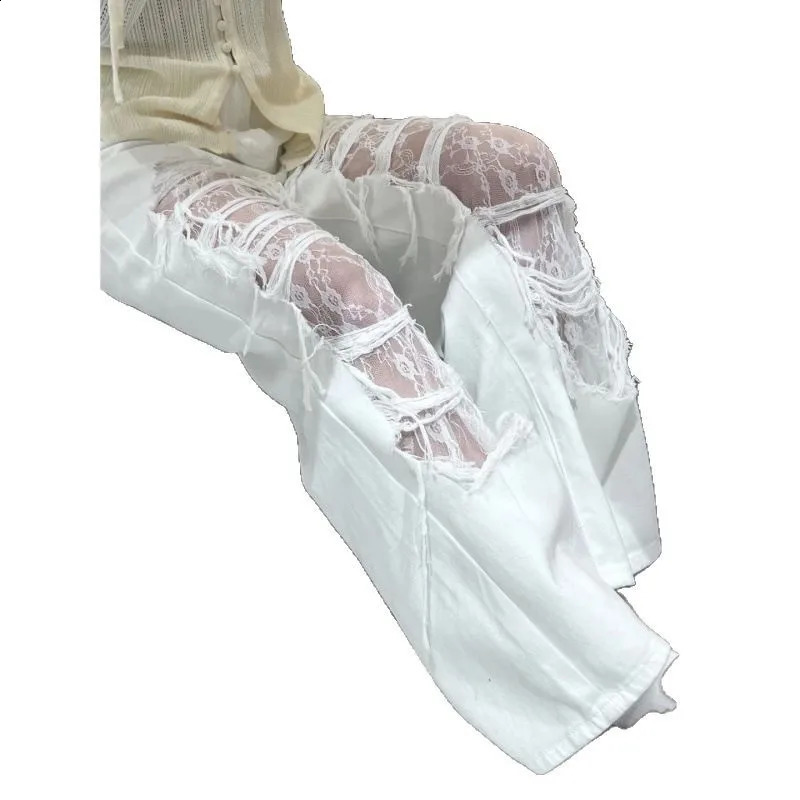 Washed Ripped Lace Denim Jeans for Women Street Straightleg Loose Wideleg American Style Long Pants Z260313