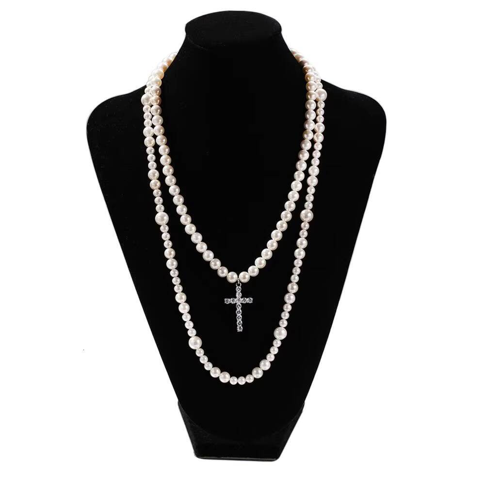Top Fashion Hiphop Double Layer Pearl Necklace With Cross Pendant for Men