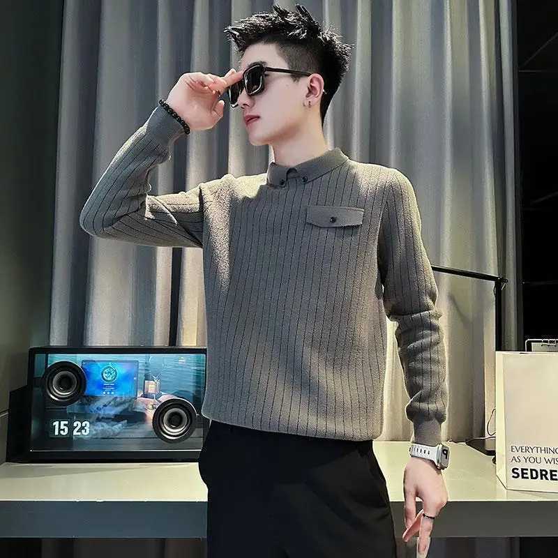 Base Sweater Long Sleeve Casual Trendy Slim Striped Handsome Winter Mens Sweater POLO Collar TopZ250918