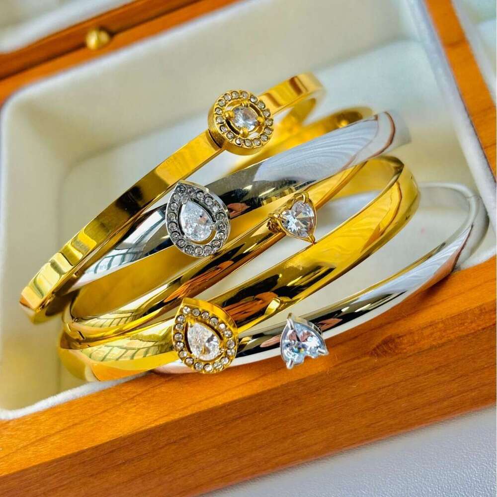 Hot Selling Stainless Steel Water Drop Zircon Round Heart Smooth Clasp Bracelet Waterproof Non-Fading Wristband ddmypluto