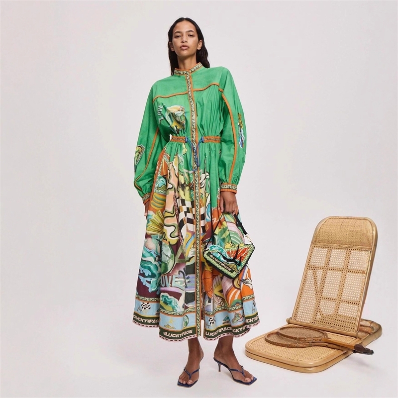 Women Dresses Designer 2025 New Fashion Casual Elegant Linen Printed Tie Shirt Dress 11 Colors