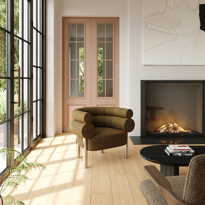 Living Room Furniture Modern Curved Sugar - inspired Lounge Chair with Brown Fabric Upholstery and Metal Legs