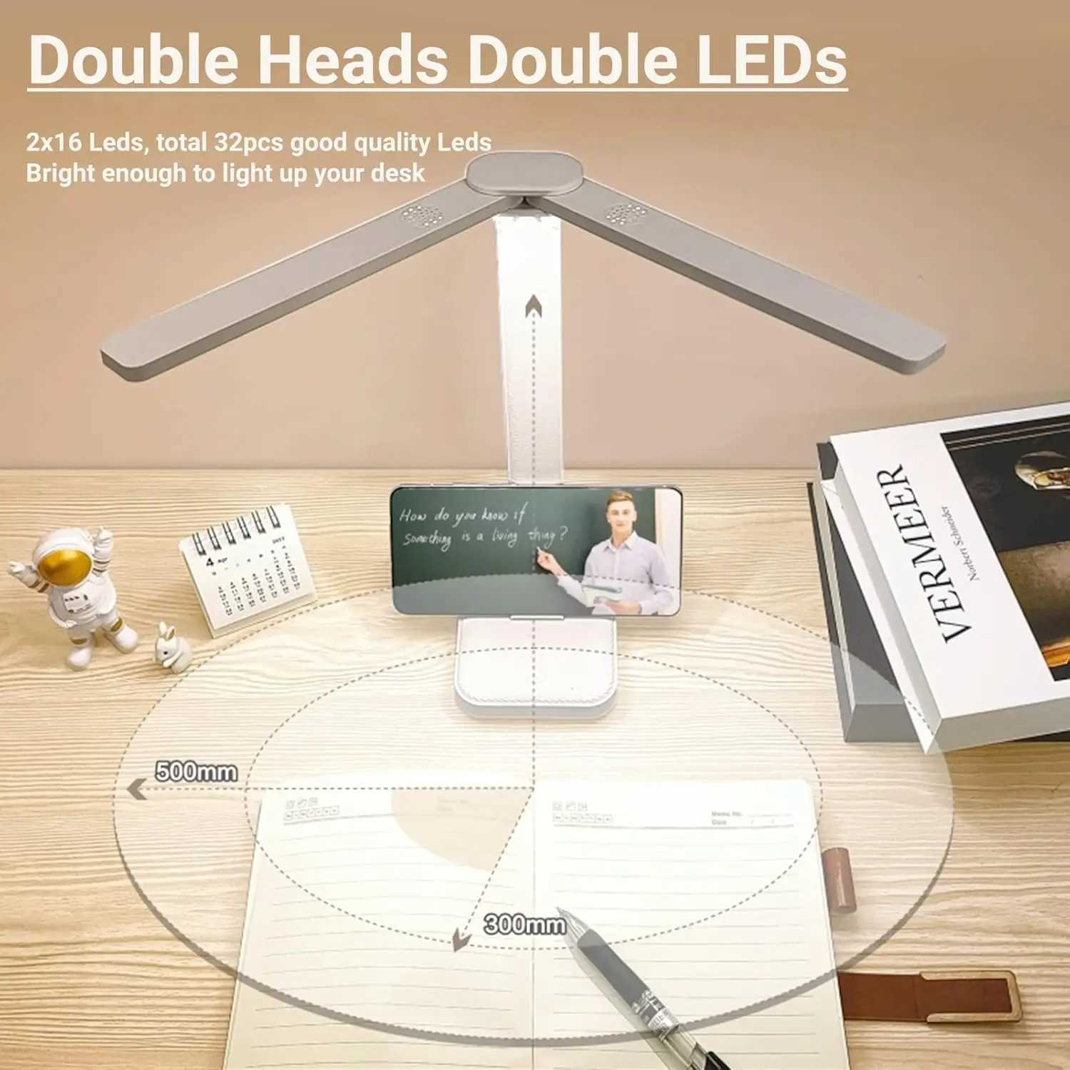 LED doublehead desk lamp 3level dimmable touch night light USB rechargeable eyeprotection foldable bedside reading desk C2509181