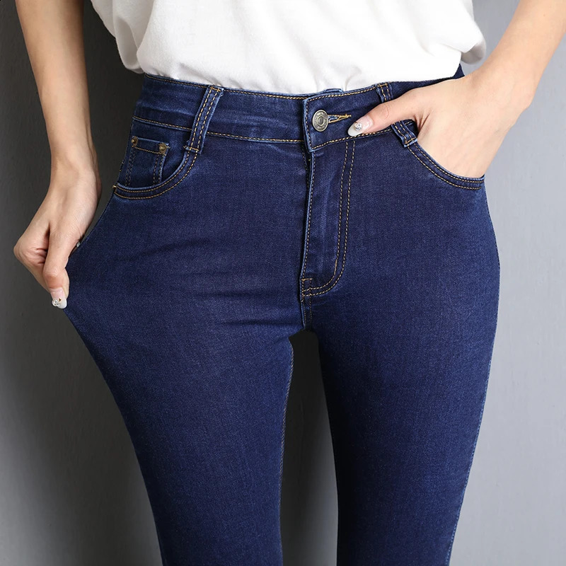 for Women mom blue gray black Woman High Elastic 36 38 40 Stretch Jeans female washed denim skinny pencil pants Z260313
