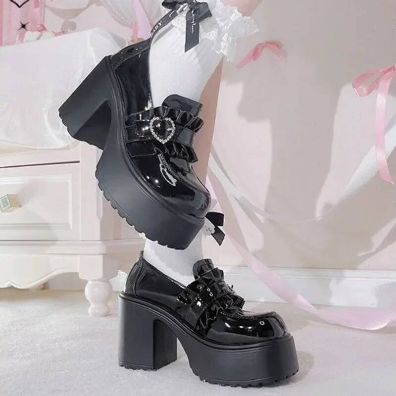 Sweet Heart-Shaped Buckle Lolita High Heels Pump for Women Y2k PU Leather Waterproof Platform Mary Janes Shoes ddmypanda
