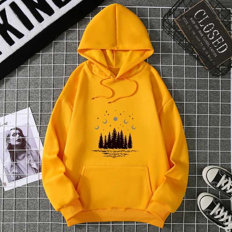 New Hooded Dark Forest Print Letter Universe Faith Harajuku Hooded Women Hoodie Oneck Long Sleeve White Tops Female ClothingZ250918