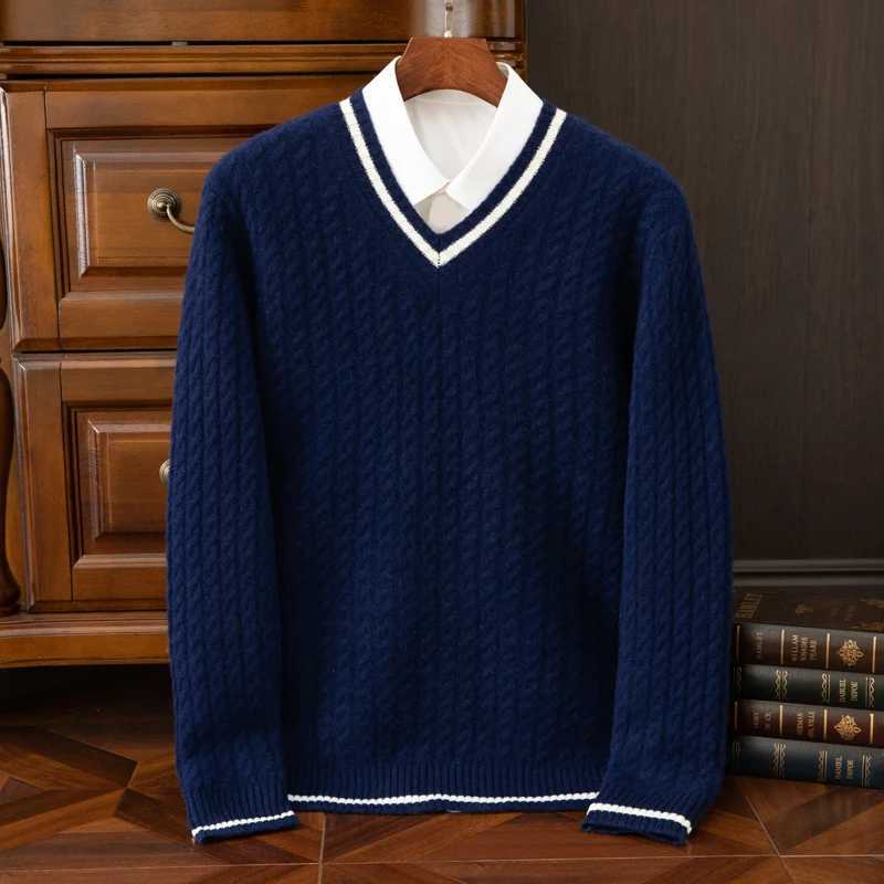 SXXXL New mens 100 wool Vneck color blocked sweater for autumn and winter casual knitted pullover full sleeve mens sweaterZ250918