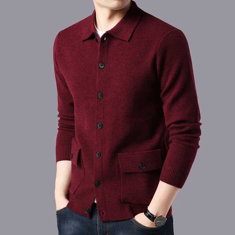 Mens Middleaged and Young Solid Color Cardigan New Sweater Jacket Lapel Pocket Sweater Loose Casual KnittedZ250918