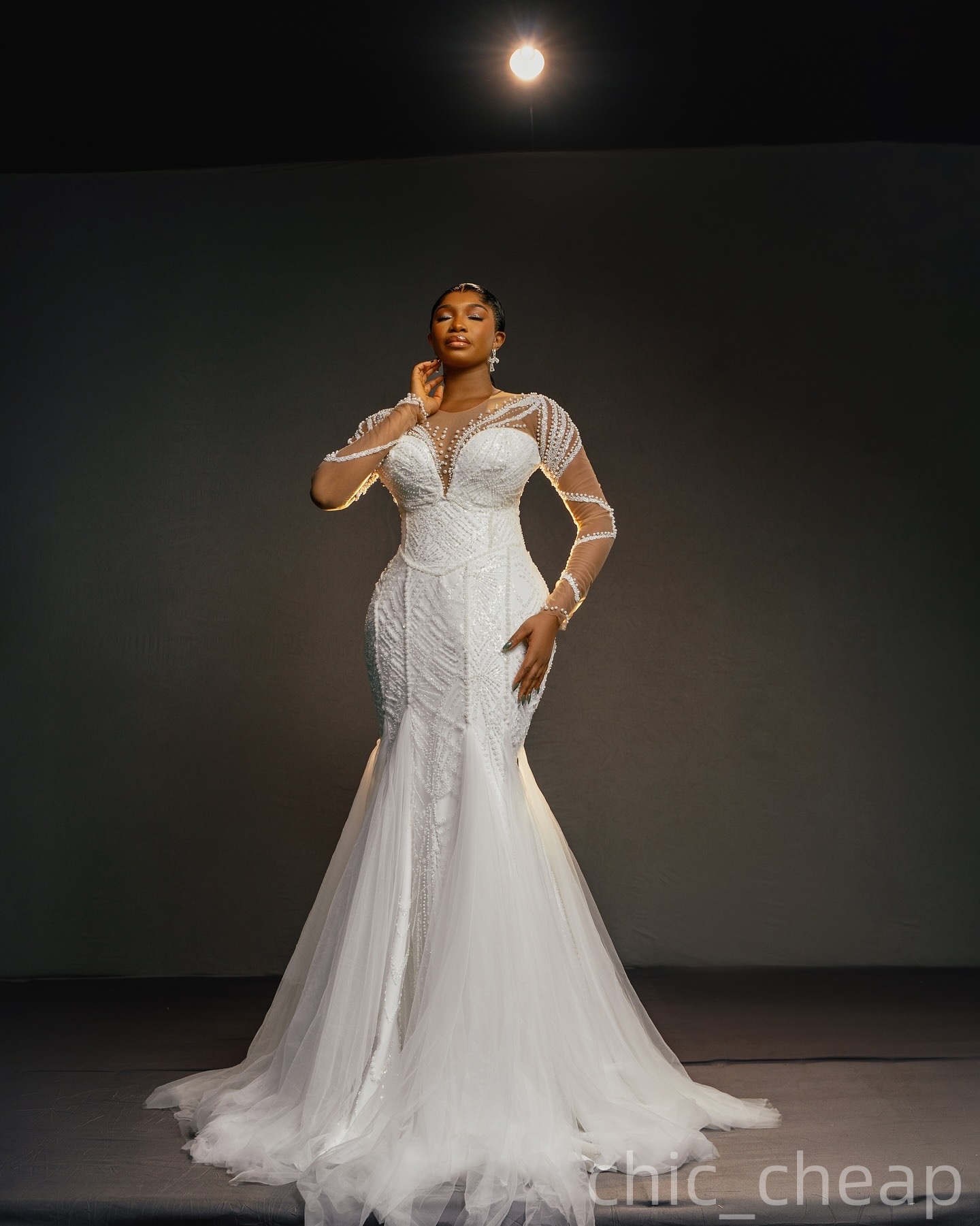 2025 Aso Ebi Plus Size Ivory Mermaid Wedding Dress Beaded Pearls Sheer Neck Full Sleeves Tulle Vintage Bridal Gowns Dresses ZJ0466