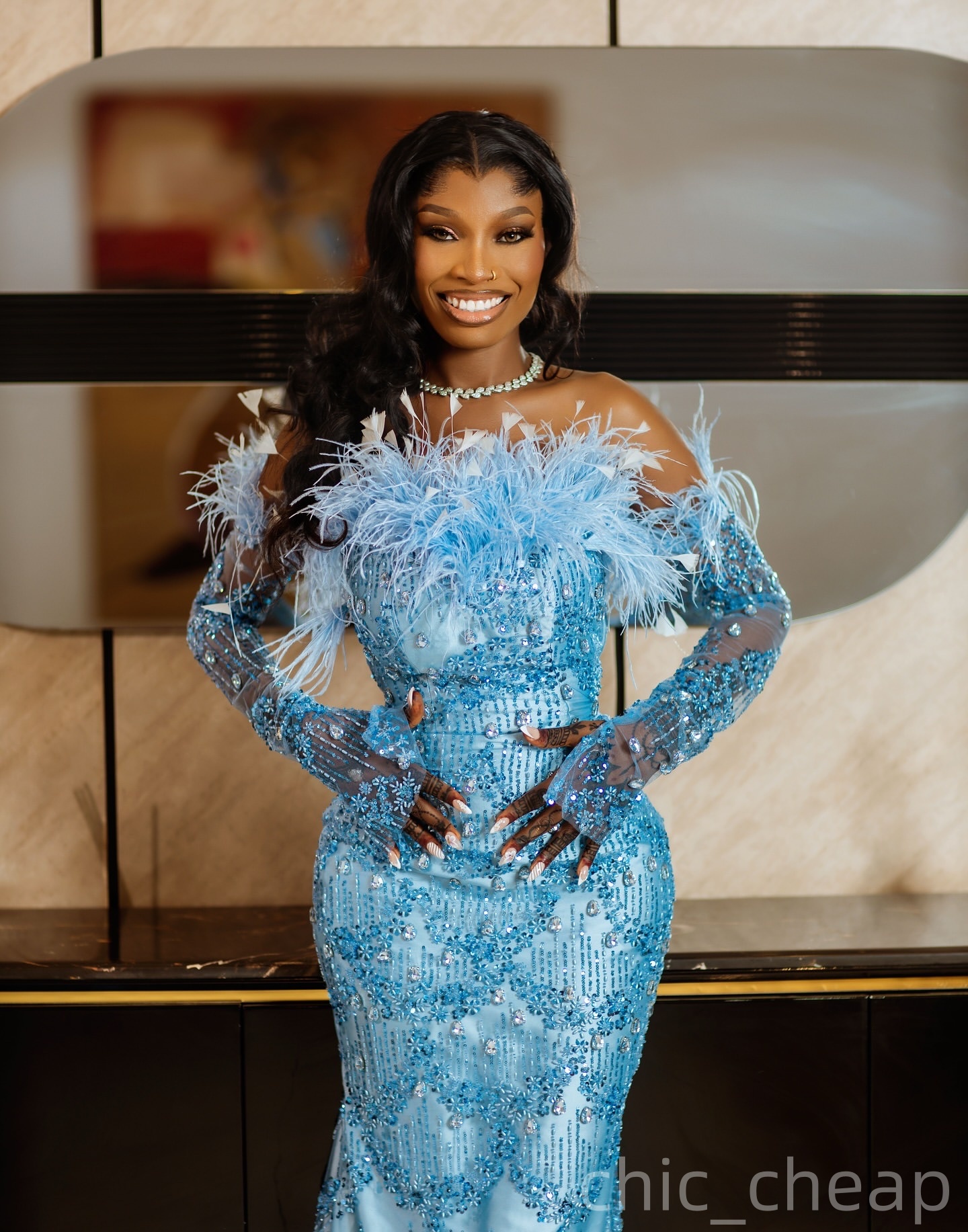 Sky Blue Mermaid Prom Dresses 2025 Crystals Feather Strapless Sequined Evening Formal Party Second Birthday Engagement Gowns Plus Size Dress For Speci