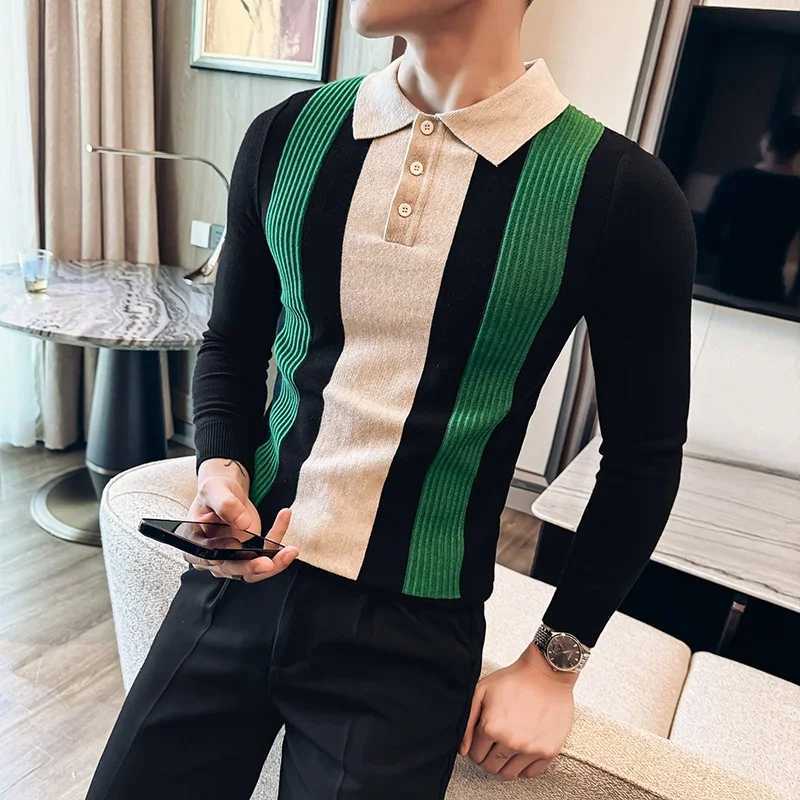 Autumn Winter Mens Knitted Polo Shirts Luxury Long Sleeve Stripe Business Casual Zipper Tshirts Fashion Slim Fit Man SweaterZ250918