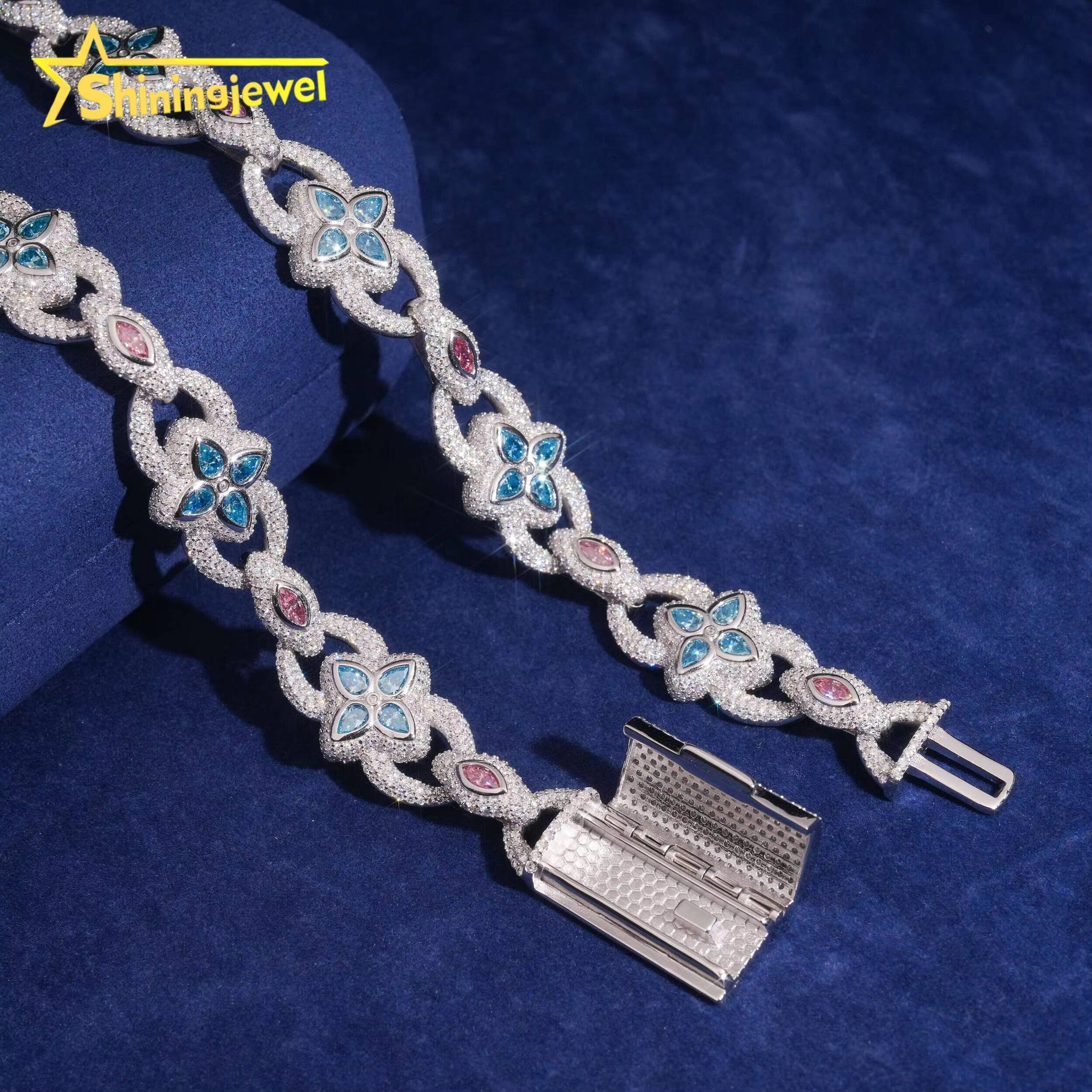 Fashion 20mm Blue VVS Moissanite Necklace 925 Silver Hip Hop Jewelry Iced Out Diamond Pink Marquise Cuban Link Chain Bracelet