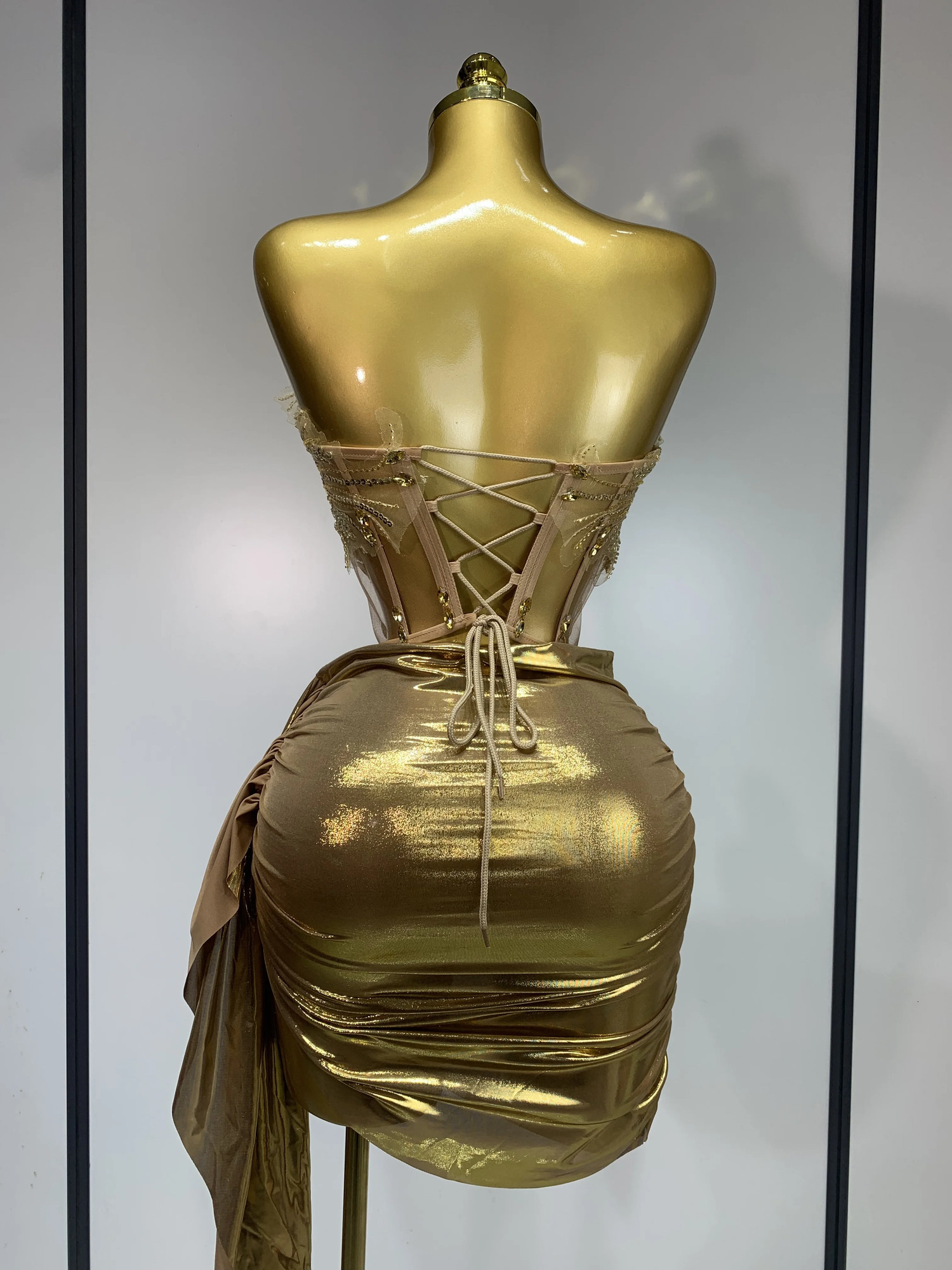 Women Sexy Strapless Sequins Rhinestone Gold Dress Glitter Top Two Pieces Sets Birthday Evening Party Club Singer Stage Outfit 250917