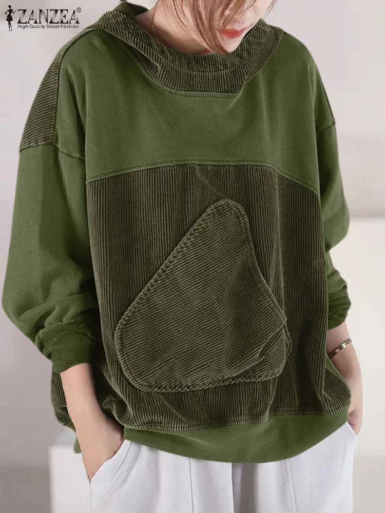 ZANZEA Autumn Corduroy Hoodies Winter Women Long Sleeve Patchwork Sweatshirts Stylish Casual Hooded Pullovers Tops StreetwearZ250918